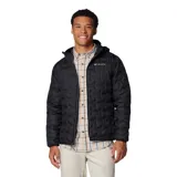 Campera técnica de plumón para hombre, color negro, con tecnología Omni-Heat™ termorreflectante y construcción HeatSeal™ sin costuras. Cuenta con capucha, cierre frontal completo, bolsillos laterales con cremallera y protección en la barbilla.