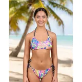 Bikini de dos piezas con estampado tropical vibrante en tonos neón. El top es de estilo deportivo con breteles finos y la bombacha es tipo tanga con tiras laterales ajustables.