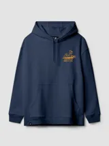 Hoodie azul marino de algodón orgánico, con capucha ajustable con cordón, bolsillo tipo canguro y pequeño estampado gráfico amarillo en el pecho.