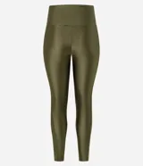 Calza deportiva larga color verde oliva metalizado, de tiro alto y corte ajustado.