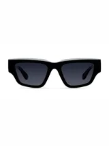 Lentes de sol con montura cuadrada de diseño anguloso y estilo cat eye, fabricados en material bio-based. Cuentan con lentes polarizadas negras con protección UV400.