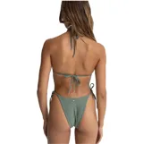 Top de bikini verde oliva con corte triangular y tirantes finos regulables.