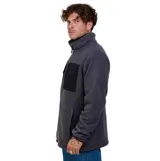 Campera de micropolar gris con cuello alto y cierre frontal completo. Presenta paneles frontales en color negro a la altura del pecho y bolsillos laterales.