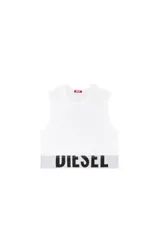 Top blanco de algodón con logo de la marca en la banda inferior.