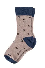 Par de medias color beige con puño, talón y puntera azul marino. Estampado de herraduras y logo de la marca Legacy.