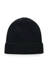 Gorro tipo beanie de punto acanalado con vuelta en el borde, confeccionado en tejido suave de color negro.