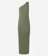 Vestido midi de color verde militar, confeccionado en tejido rib de poliamida. Presenta diseño de un solo hombro, fruncidos laterales a lo largo del cuerpo y tajo lateral en el bajo.