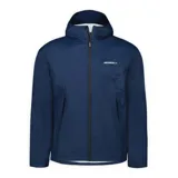 Chaqueta impermeable de nylon reciclado color azul marino, con capucha ajustable, cierre frontal, bolsillos laterales con cierre y puños con velcro.