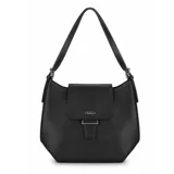 Cartera de hombro color negro de diseño estructurado con solapa frontal y cierre metálico, marca David Jones.