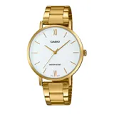 Reloj analógico Casio con caja de 34 mm y malla de acero inoxidable en tono dorado. Presenta una esfera blanca minimalista con índices y números romanos en las posiciones de las 12 y las 6, con acabado pulido.