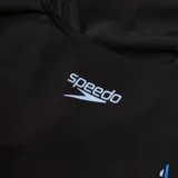 Malla enteriza de natación Speedo, color negro con estampado abstracto curvo en azul.