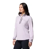 Buzo polar Columbia de mujer con cierre frontal parcial, cuello alto y bolsillo con cierre en el pecho. Presenta un diseño de textura cuadriculada y ribetes en contraste en puños y cuello.