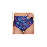Bombacha de bikini tiro alto color azul con estampado tropical de hojas y flores en tonos rojos y celestes.