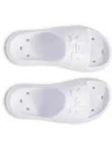 Sandalias Under Armour modelo W Locker V SL, de color blanco, confeccionadas en EVA moldeada de una sola pieza. Cuentan con diseño de secado rápido, orificios de drenaje para reducir la retención de agua, suela y plantilla texturizadas para mayor tracción.