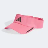 Visera deportiva Adidas color rosa vibrante, con tejido calado y borde curvo. Presenta el logo de las tres barras en negro en el frente y detalles reflectantes negros en el borde de la visera.