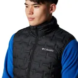 Chaleco Columbia Delta Ridge II Down Vest de color negro, con diseño acolchado sellado térmicamente, cuello alto y cierre frontal completo. Cuenta con el logotipo de la marca estampado en el pecho.