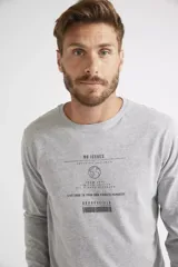 Remera de manga larga color gris melange, con cuello redondo y estampa frontal con diseño gráfico y texto.