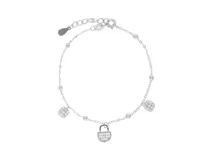 Pulsera de plata 925 con cadena de eslabones y bolitas. Incluye dijes colgantes con forma de candado y cuadrados con circonias.