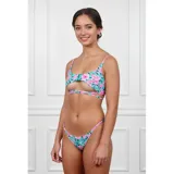 Bikini de dos piezas con estampado floral en tonos turquesa y fucsia. El top presenta un diseño tipo cut-out con tiras cruzadas en la parte inferior y breteles finos. La bombacha es de corte tanga con laterales ajustables.