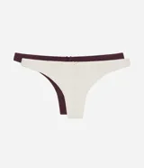 Kit de dos bombachas tipo bikini de algodón, tiro bajo, con detalle de moño pequeño en el centro de la cintura y diseño de hilo doble en la parte posterior. Incluye una prenda en color crudo y otra en bordó.