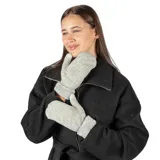 Guantes tipo mitón de tejido de punto jaspeado en color gris, con puños de piel sintética suave.