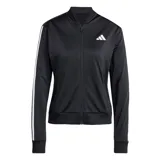 Conjunto deportivo Adidas Essentials 3 Tracksuit de mujer, color negro con las icónicas tres tiras blancas a los lados y el logo de la marca estampado en el pecho y la pierna. Incluye campera con cierre frontal y cuello alto, y pantalón con cintura elástica.