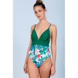 Malla enteriza con diseño combinado, parte superior en color verde petróleo con borde festoneado y parte inferior con estampado floral sobre fondo negro.