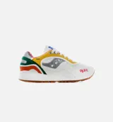 Championes Saucony modelo Shadow 6000 en colaboración con Alife. Diseño multicolor con base blanca de malla y cuero, detalles en amarillo, verde, naranja, gris y azul. Presenta el logo de Alife en rojo en el lateral delantero y suela de goma color caramelo.