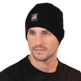 Gorro tipo beanie de tejido acrílico, color negro por fuera y naranja por dentro, con parche frontal de la marca Volcom Workwear.