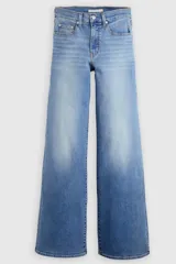 Jean de tiro alto y corte wide leg en color azul con efecto deslavado. Confeccionado en mezcla de algodón, poliéster y elastano, de elasticidad baja.