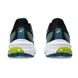 Championes de running Asics modelo GT-1000 12, color negro con detalles en amarillo fluor y celeste, entresuela blanca y suela azul.