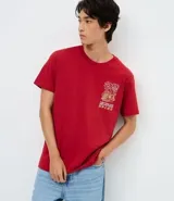 Remera de algodón color rojo, con cuello redondo y manga corta. Presenta un estampado frontal pequeño en el lado izquierdo del pecho con diseño gráfico y lettering Fighting and Devotion.