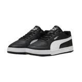 Championes Puma Caven III de estilo urbano, confeccionados en cuero sintético negro con la icónica franja lateral en blanco y suela de goma blanca.