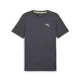 Remera deportiva Puma de manga corta, color gris oscuro jaspeado, con cuello redondo y logo Puma Cat en blanco en el pecho. El cuello tiene un detalle de cinta en color verde neón con la inscripción "RUN".