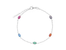 Pulsera de plata 925 con cadena de eslabones y cinco circonias ovaladas de colores: fucsia, violeta, azul, verde y naranja. Cierre de mosquetón y cadena de alargue.