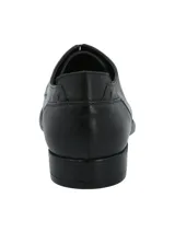 Zapato de vestir tipo oxford para hombre, confeccionado en cuero italiano de color marrón oscuro con acabado pulido. Presenta cierre mediante cordones, punta redonda y suela de poliuretano con tacón bajo.