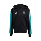 Campera con capucha y cierre frontal Adidas de la colección Mercedes AMG Petronas F1 Team, de color negro con tiras turquesas en las mangas y bolsillos tipo canguro.