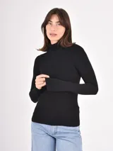Polera de tejido de punto fino color negro, con cuello alto y mangas largas ajustadas.