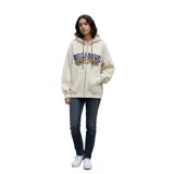 Campera con cierre frontal y capucha, color beige, con estampado gráfico de la marca Billabong en color violeta y flores amarillas en el pecho. Presenta bolsillos tipo canguro y cordones ajustables en la capucha.