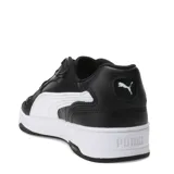 Championes Puma Rebound Break de estilo urbano inspirado en el básquet retro. Presentan una capellada de material sintético en color negro con la icónica franja lateral de Puma en blanco y una suela de goma blanca con detalles en negro.