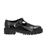 Mocasín negro charol con plataforma y hebilla lateral.
