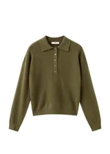 Jersey de punto verde militar con cuello polo y cierre frontal parcial con botones. Presenta manga larga y diseño de corte recto.