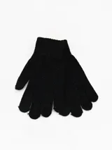 Guantes de tejido de punto color negro con sutiles destellos brillantes, diseño clásico con puño elástico acanalado.