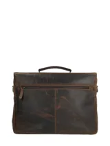 Maletín marrón de cuero para hombre, con solapa frontal, doble correa con hebillas y broches magnéticos, asa superior y correa de hombro ajustable y removible.