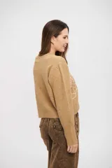 Sweater de tejido de punto color tostado, con cuello redondo, mangas largas con puños acanalados y diseño holgado. Presenta un delicado bordado lineal de una flor en el frente.