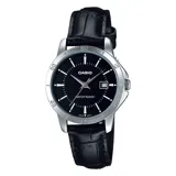 Reloj Casio para mujer, modelo LTPV004L-1AUDF, con correa de cuero negra, esfera negra de 35mm y caja plateada. Resistente al agua.