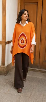 Poncho artesanal de tejido de punto color naranja con cuello en V. Presenta un aplique central circular en crochet con diseño de mandala en tonos rojo, naranja y beige, y terminación con flecos en los laterales.
