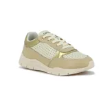 Championes urbanos Comfortflex de dama, con diseño acordonado, paneles perforados y detalles en tono dorado metalizado.