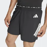 Short deportivo Adidas de running, color negro con las icónicas tres bandas laterales en color blanco. Cuenta con cintura elástica con cordón de ajuste, bolsillo trasero con cierre y tecnología Clima365 para mayor transpirabilidad.