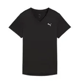 Remera deportiva Puma de mujer con escote en V y manga corta. Presenta un diseño liso en color negro con el logo de la marca estampado en blanco en el pecho. Confeccionada con tecnología dryCELL para mayor transpirabilidad.